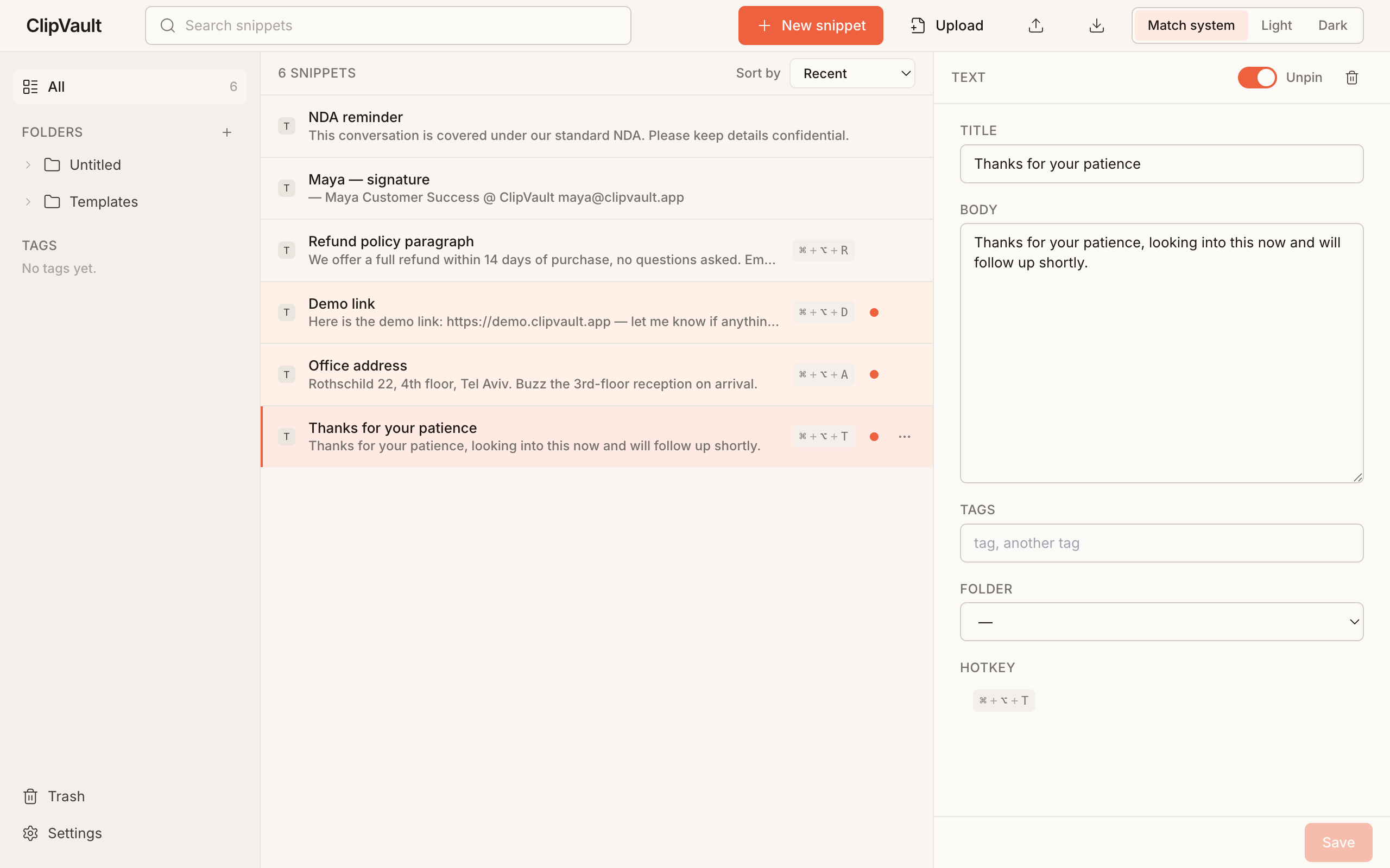 ClipVault options page with folders, list, and editable detail pane
