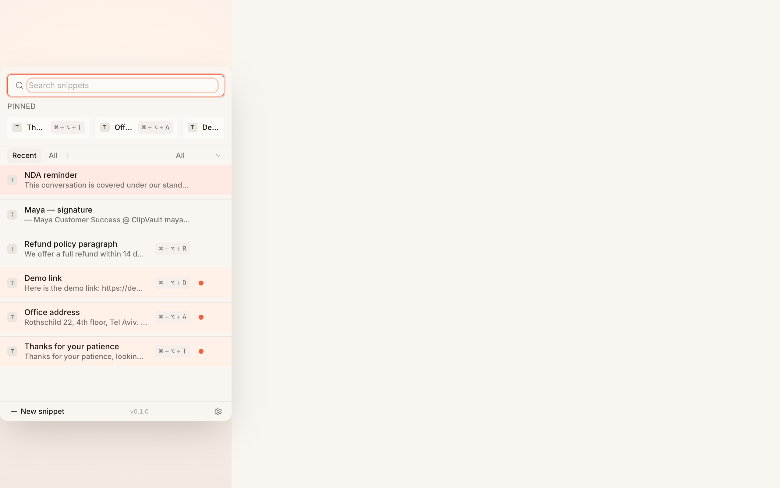 ClipVault popup with pinned snippets and hotkeys